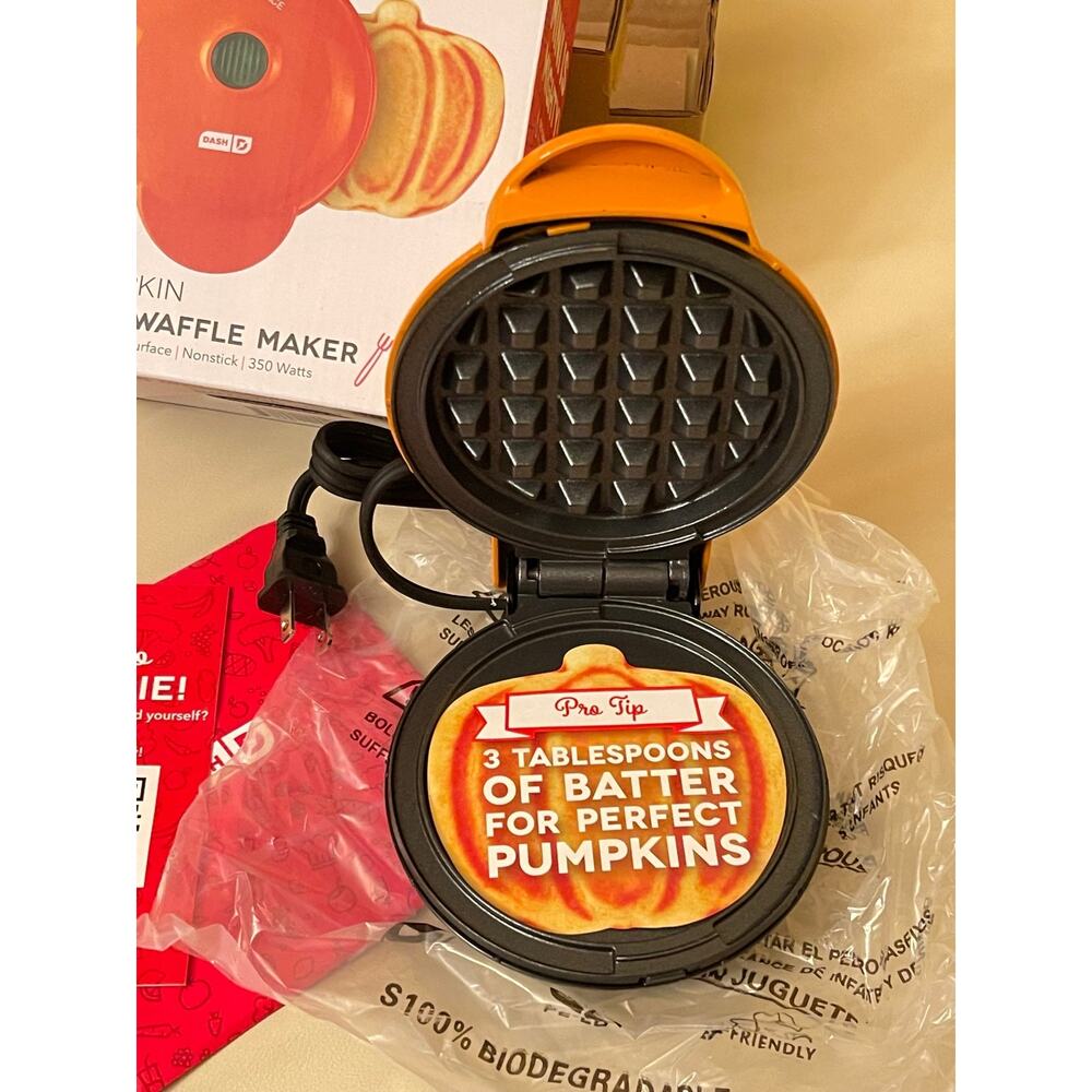 Mini Waffle Maker Pumpkin Waffle Halloween Non-Stick, 4 Inch w/ Recipe Guide